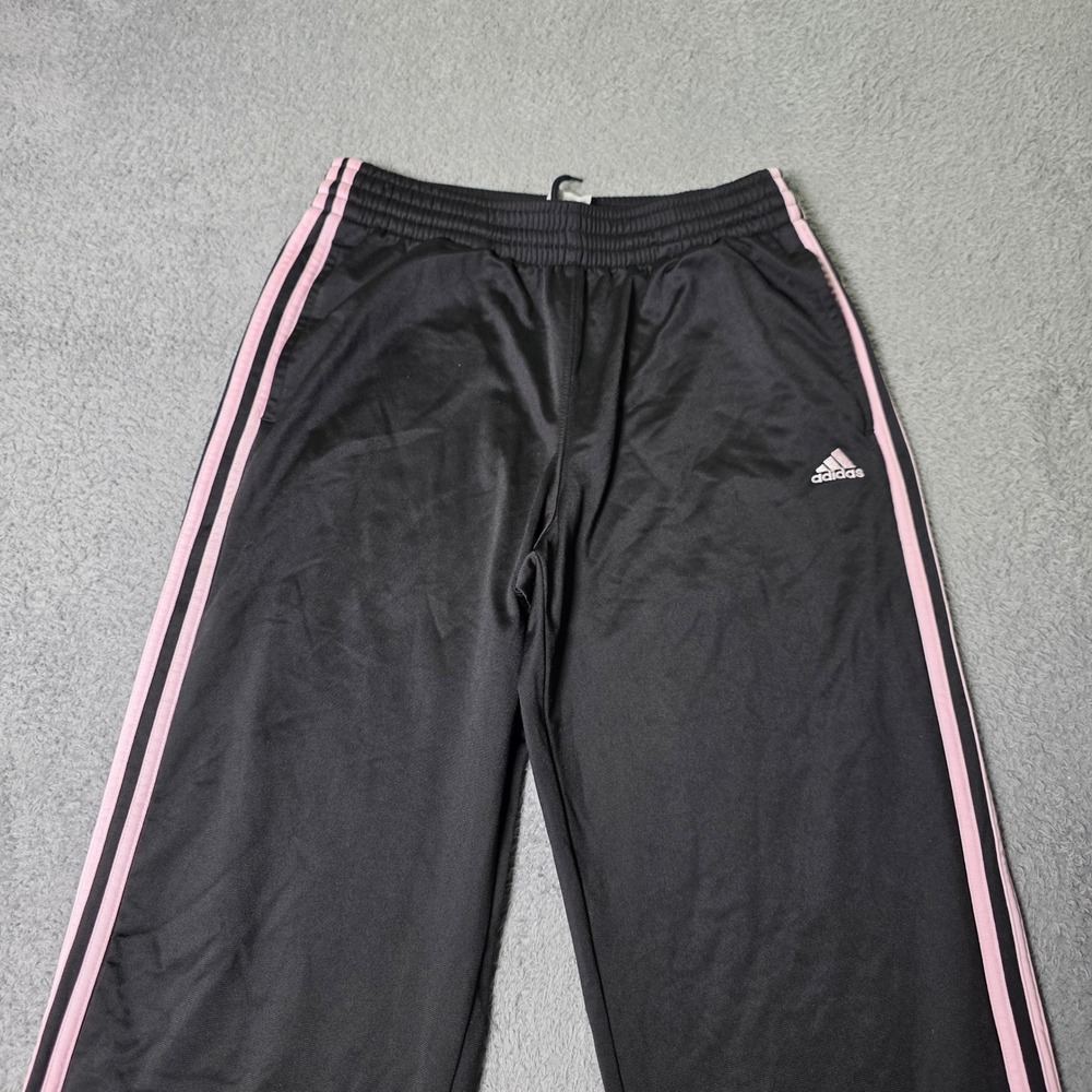 Adidas Womens Medium Track Pants Black Pink 3 Stripe Straight Leg Y2K Activewear